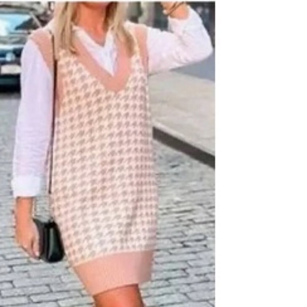 Abercrombie & Fitch Sweater Vest Dress Houndstooth Print Tan Size Small